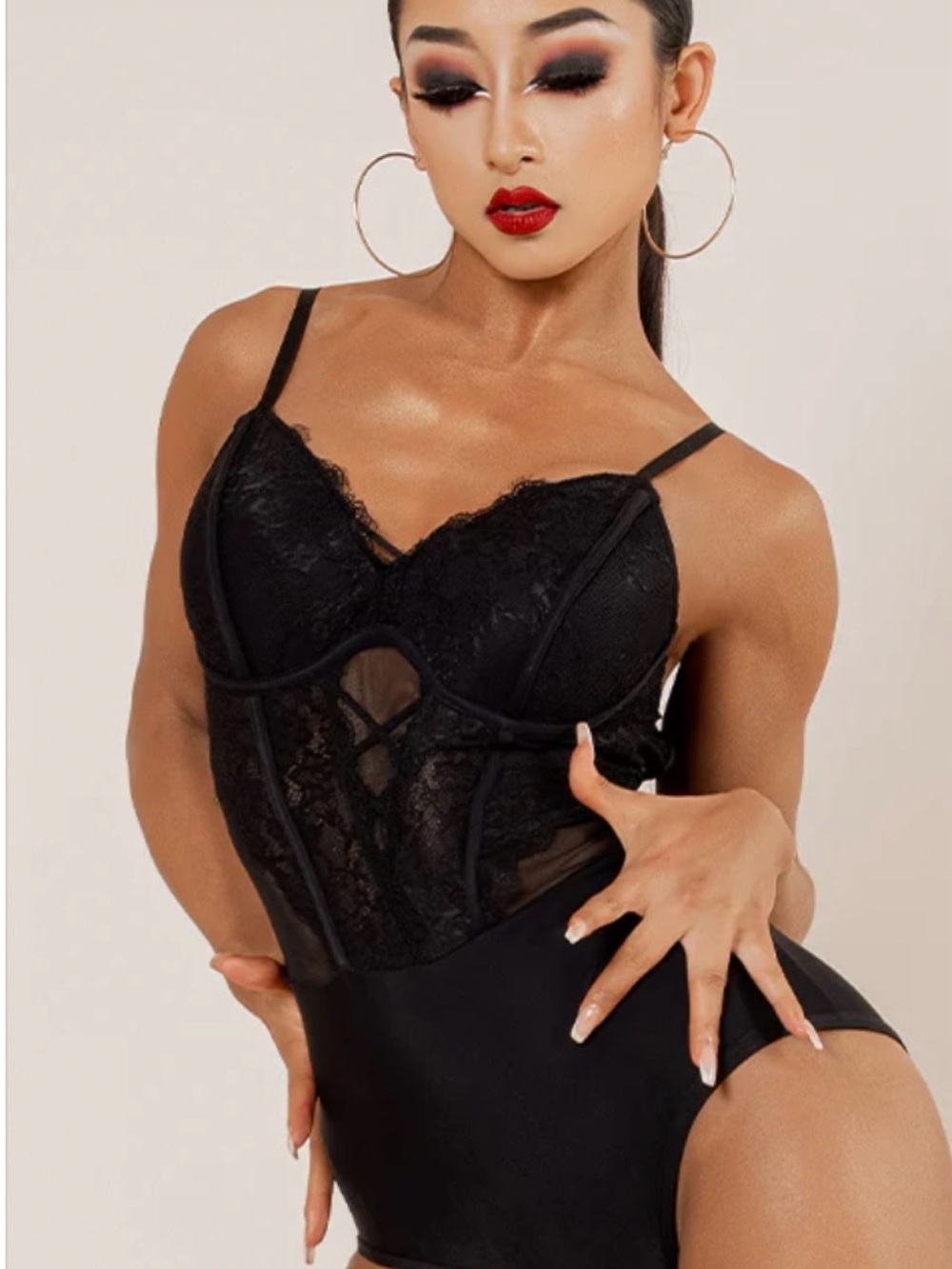 Black Lace Shapewear Bodysuit with Sheer Corset Detailing